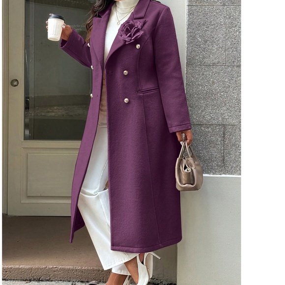 Classic Solid Double Button Floral Appliqué Mid Length Jacket Coat - Picture 12 of 13